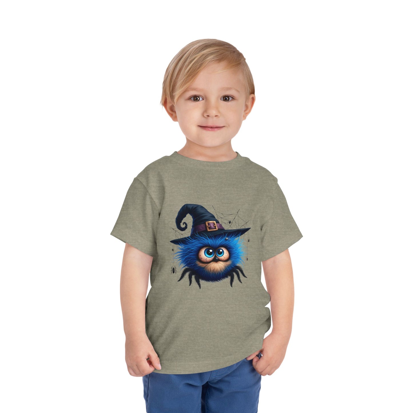 Cute Blue Fuzzy Spider Kids T-Shirt - Witch Hat Halloween Toddler Tee