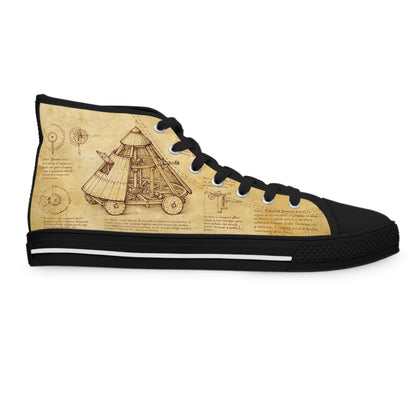 Da Vinci Sketch Damen-Sneaker mit hohem Schaft – Vintage-Pergament-Blaupausen-Schuhe