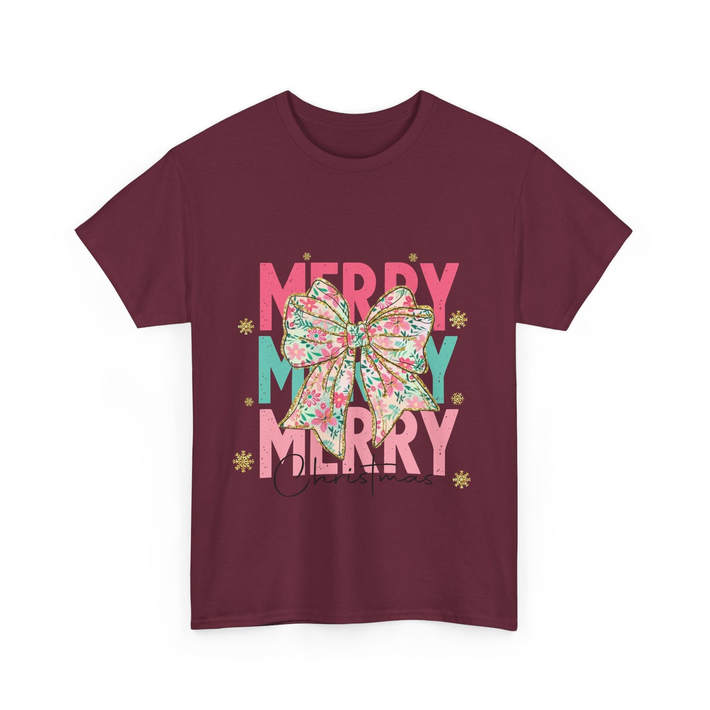 Merry Merry Merry Christmas T-Shirt - Floral Bow Pastel Tee