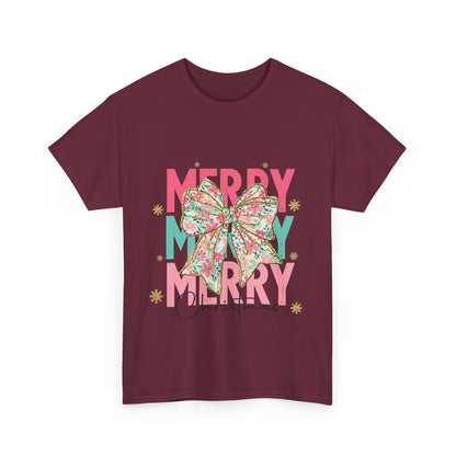 Merry Merry Merry Christmas T-Shirt - Floral Bow Pastel Tee