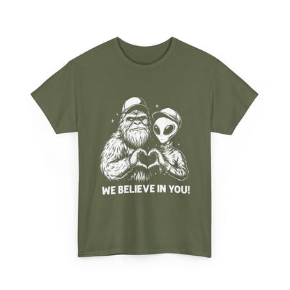 We Believe In You T-Shirt - Bigfoot & Alien Heart Hands Tee