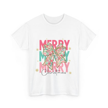 Merry Merry Merry Christmas T-Shirt - Floral Bow Pastel Tee