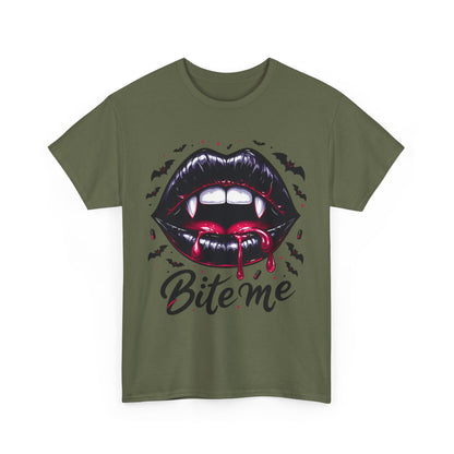 Bite Me Vampire Lips T-Shirt - Gothic Fangs & Bats Halloween Tee