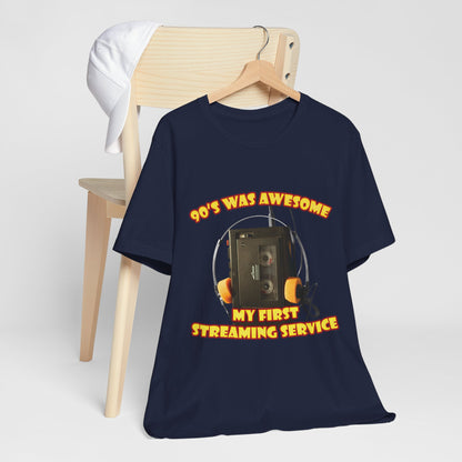 Koszulka z napisem „Mój pierwszy serwis streamingowy” – retro odtwarzacz kaset