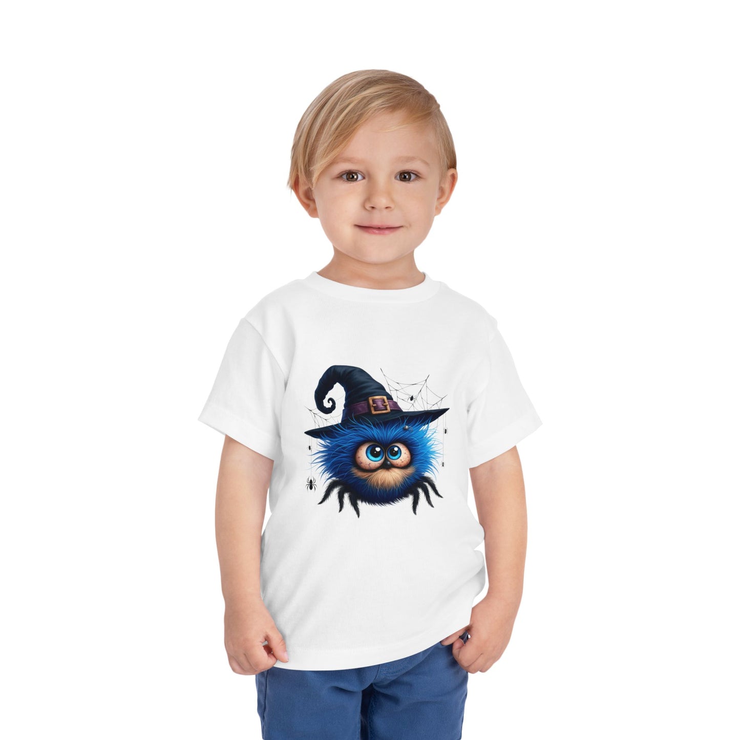 Cute Blue Fuzzy Spider Kids T-Shirt - Witch Hat Halloween Toddler Tee
