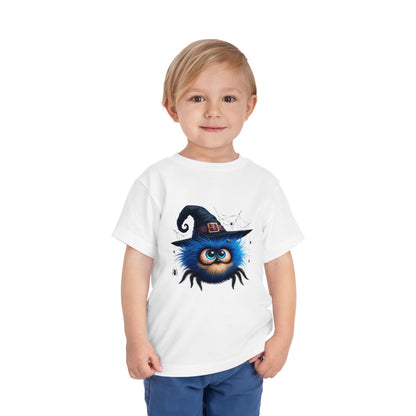 Cute Blue Fuzzy Spider Kids T-Shirt - Witch Hat Halloween Toddler Tee