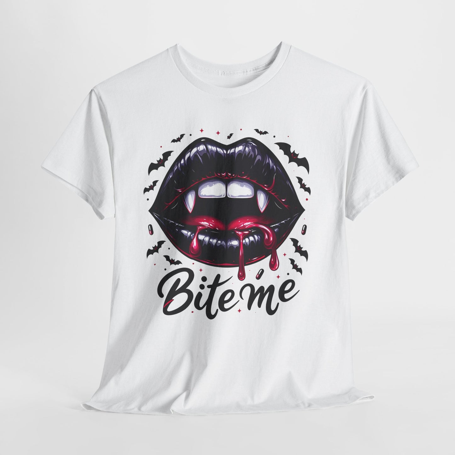 Bite Me Vampire Lips T-Shirt - Gothic Fangs & Bats Halloween Tee