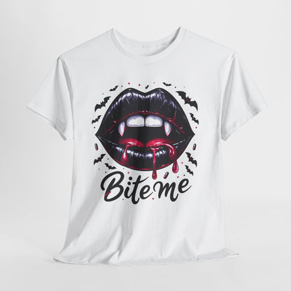 Bite Me Vampire Lips T-Shirt - Gothic Fangs & Bats Halloween Tee