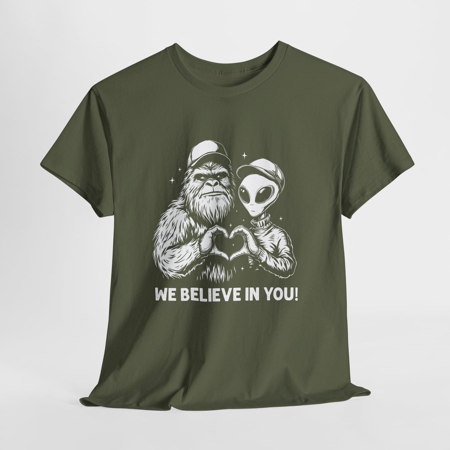 We Believe In You T-Shirt - Bigfoot & Alien Heart Hands Tee
