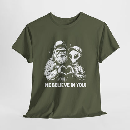 We Believe In You T-Shirt - Bigfoot & Alien Heart Hands Tee