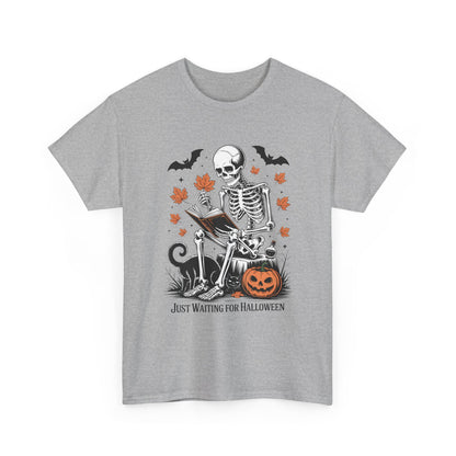 Just Waiting for Halloween T-Shirt - Cozy Spooky Skeleton Reading Tee