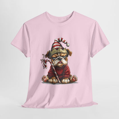 Grumpy Christmas Bulldog T-Shirt - Santa Hat Dog in Red Sweater