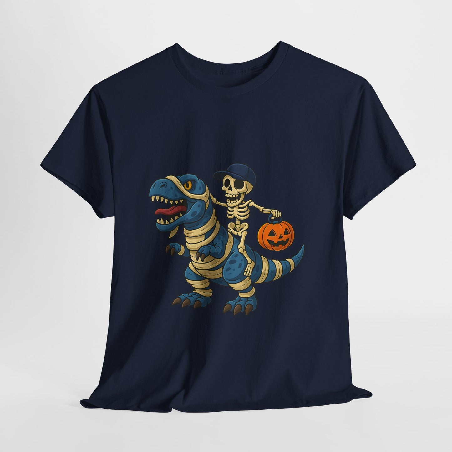 Skeleton Riding T-Rex Halloween T-Shirt - Dinosaur Mummy Wrap Tee