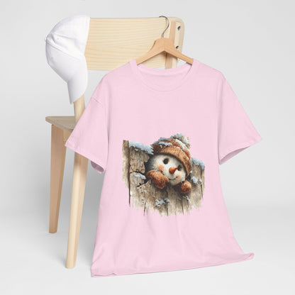 Peeking Snowman Beanie Christmas T-Shirt - Rustic Wood Fence Snowman