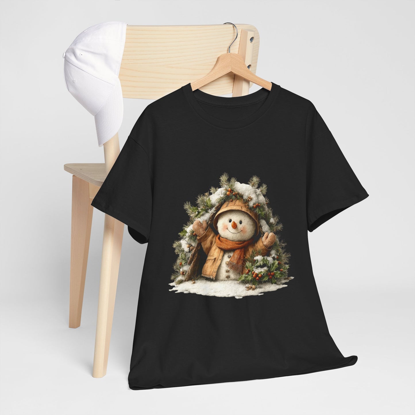 Forest Wreath Snowman Christmas T-Shirt - Cozy Rustic Snowman in Coat & Scarf