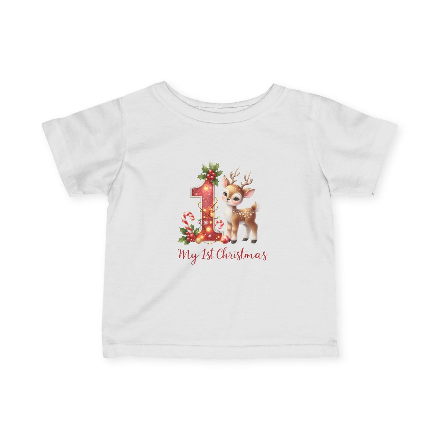 Baby’s First Christmas Reindeer Infant T-Shirt – Red “1” Candy Cane Holiday Tee