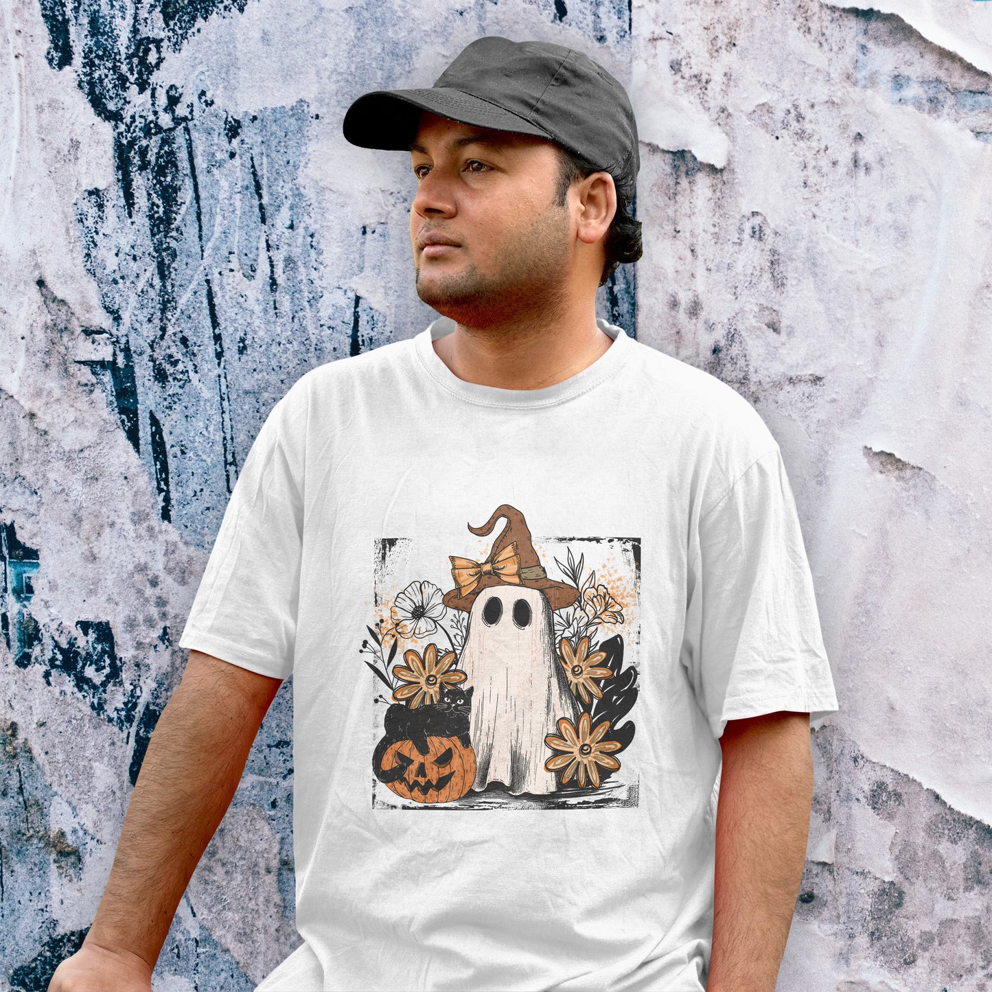 Floral Ghost Cat Pumpkin Halloween T-Shirt - Witch Hat Bow x Jack-O-Lantern