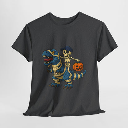 Skeleton Riding T-Rex Halloween T-Shirt - Dinosaur Mummy Wrap Tee