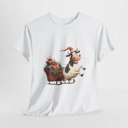 Santa Cow Sleigh Christmas T-Shirt - Funny Cow Pulling Sleigh Tee