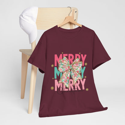 Merry Merry Merry Christmas T-Shirt - Floral Bow Pastel Tee