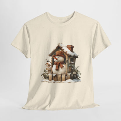Cabin Porch Snowman Shirt - Rustic Snowman in Little House with Bird