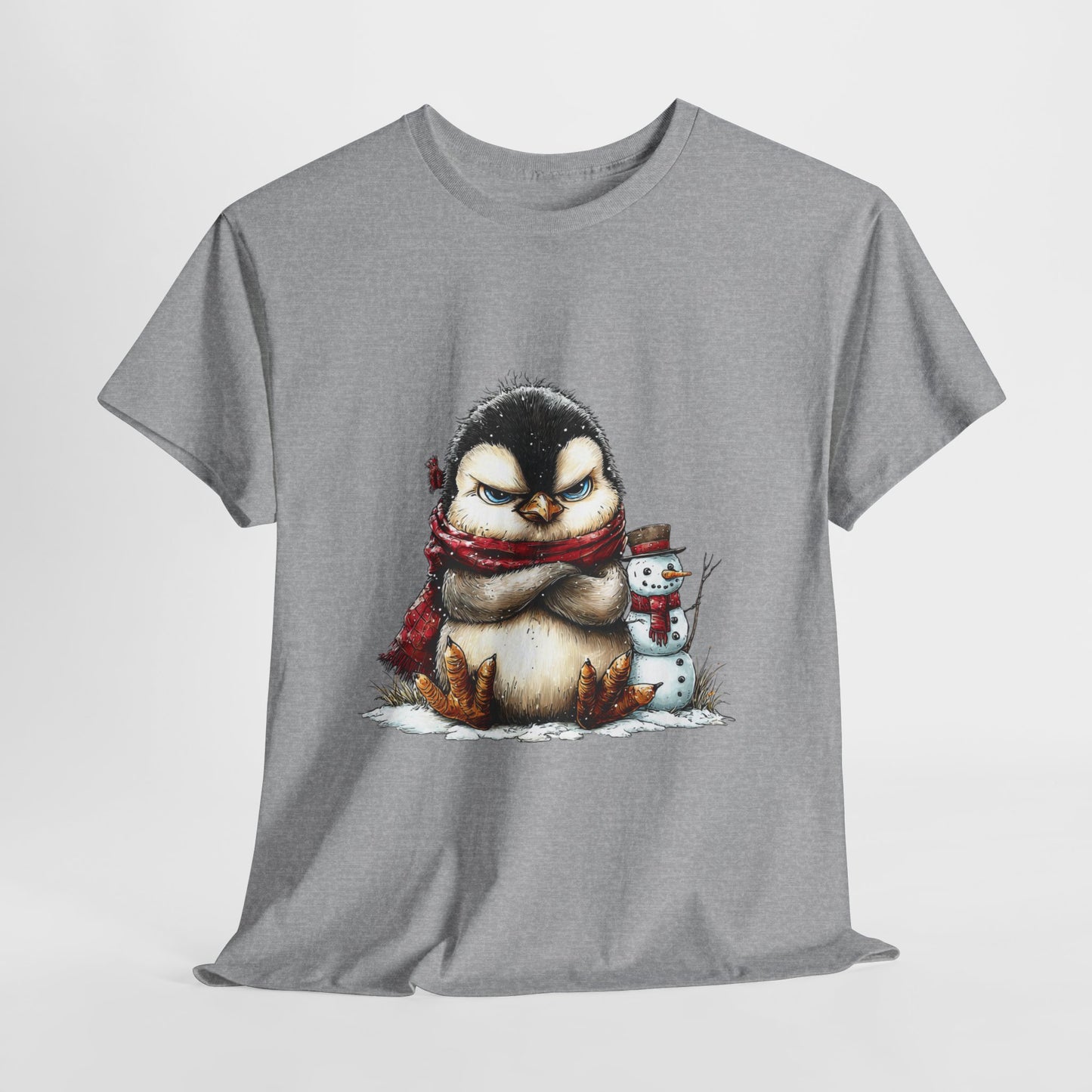 Grumpy Penguin Christmas T-Shirt - Winter Penguin with Snowman Buddy