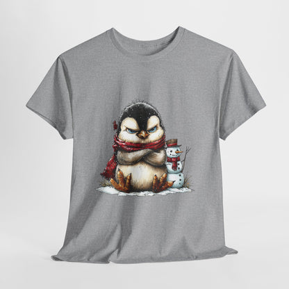 Grumpy Penguin Christmas T-Shirt - Winter Penguin with Snowman Buddy