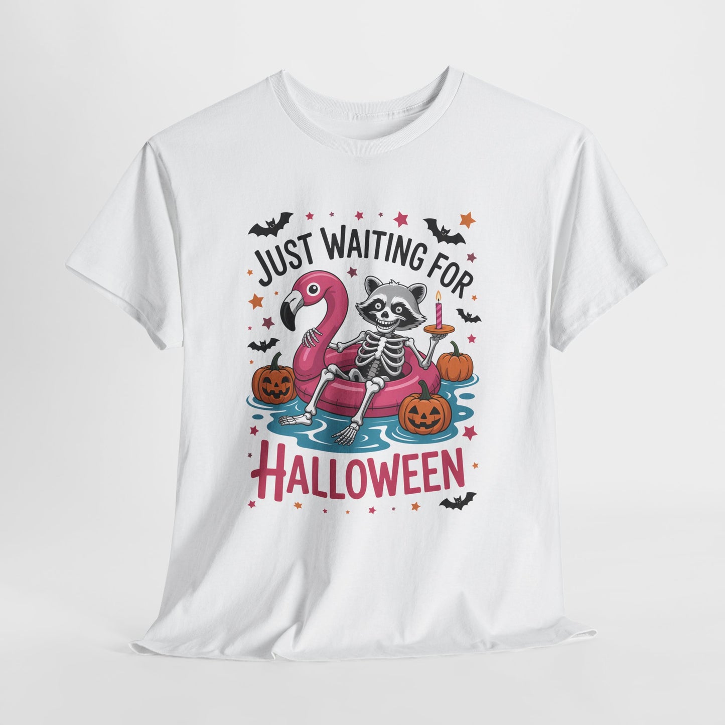 Just Waiting for Halloween T-Shirt - Raccoon Skeleton Flamingo Tee