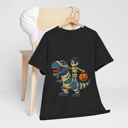 Skeleton Riding T-Rex Halloween T-Shirt - Dinosaur Mummy Wrap Tee