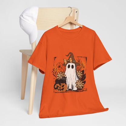 Floral Ghost Cat Pumpkin Halloween T-Shirt - Witch Hat Bow x Jack-O-Lantern