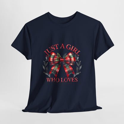 Just a Girl Who Loves Christmas - Tartan Plaid Bow Wreath Tee