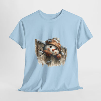 Peeking Snowman Beanie Christmas T-Shirt - Rustic Wood Fence Snowman