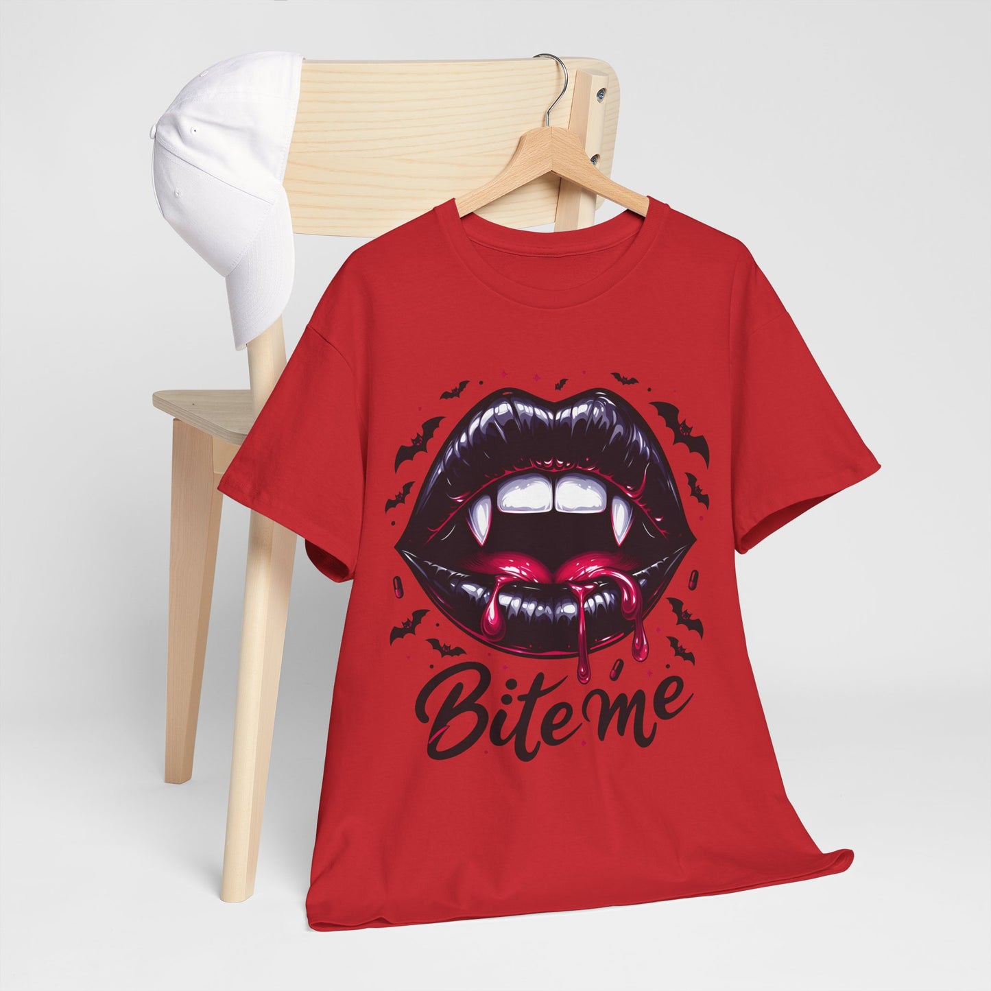 Bite Me Vampire Lips T-Shirt - Gothic Fangs & Bats Halloween Tee