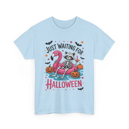 Just Waiting for Halloween T-Shirt - Raccoon Skeleton Flamingo Tee