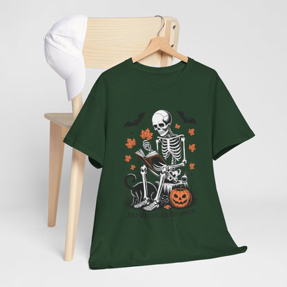 Just Waiting for Halloween T-Shirt - Cozy Spooky Skeleton Reading Tee