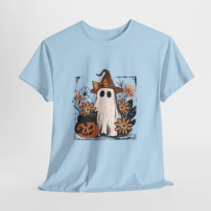 Floral Ghost Cat Pumpkin Halloween T-Shirt - Witch Hat Bow x Jack-O-Lantern