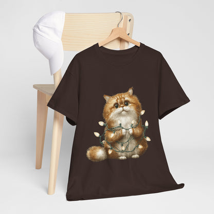 Christmas Lights Cat T-Shirt - Cute Kitty Tangled in Fairy Lights