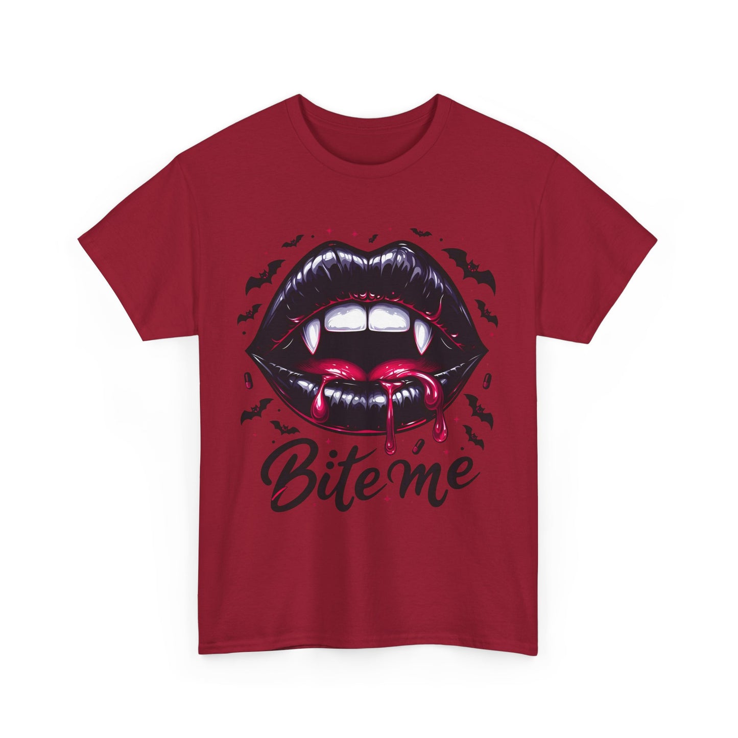 Bite Me Vampire Lips T-Shirt - Gothic Fangs & Bats Halloween Tee