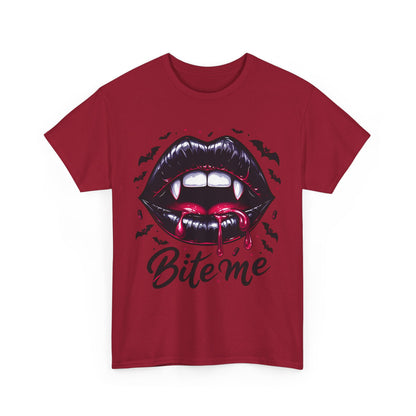 Bite Me Vampire Lips T-Shirt - Gothic Fangs & Bats Halloween Tee
