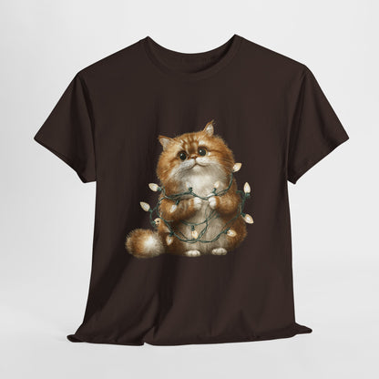 Christmas Lights Cat T-Shirt - Cute Kitty Tangled in Fairy Lights