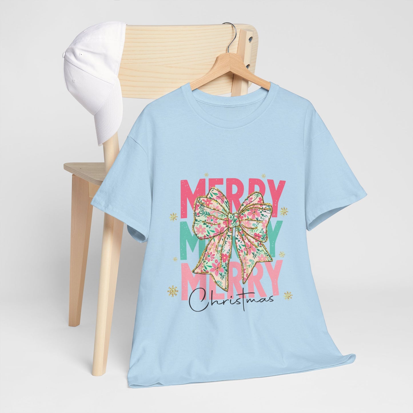 Merry Merry Merry Christmas T-Shirt - Floral Bow Pastel Tee