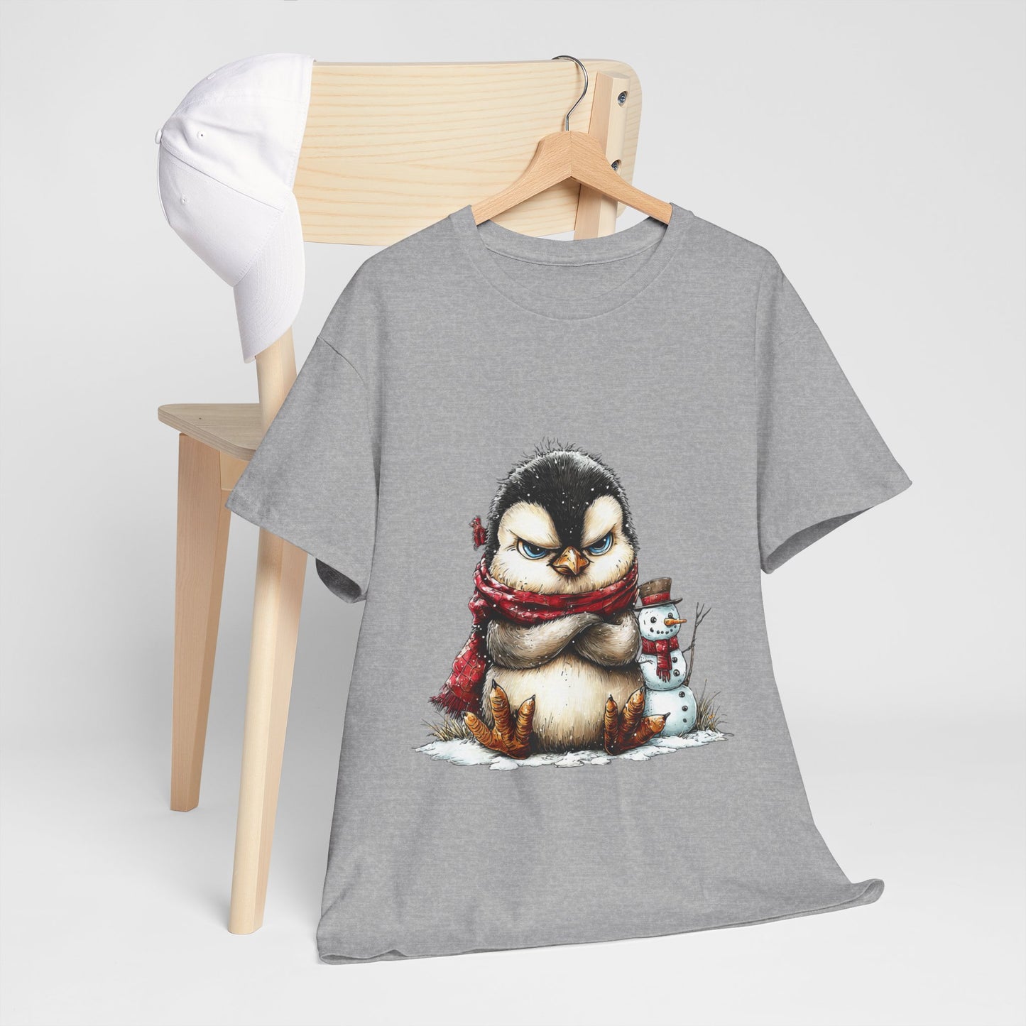 Grumpy Penguin Christmas T-Shirt - Winter Penguin with Snowman Buddy