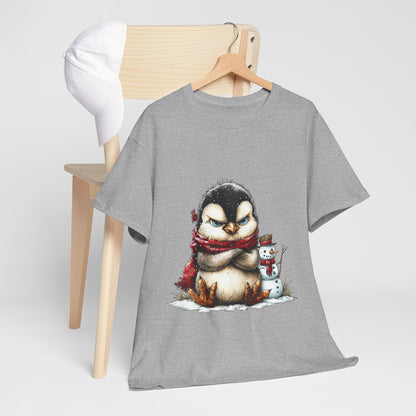 Grumpy Penguin Christmas T-Shirt - Winter Penguin with Snowman Buddy