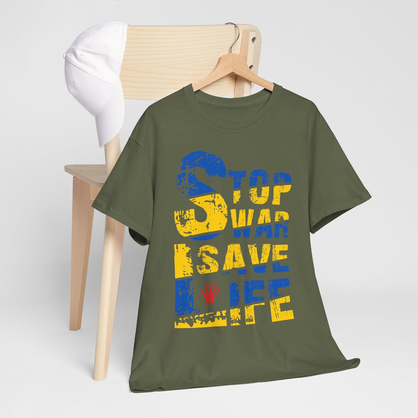 Stop War Save Life Shirt - Blue & Yellow Anti-War Tee, Ukraine Support T-Shirt with Red Handprint, Peace and Solidarity Gift