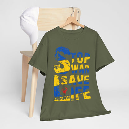 Stop War Save Life Shirt - Blue & Yellow Anti-War Tee, Ukraine Support T-Shirt with Red Handprint, Peace and Solidarity Gift