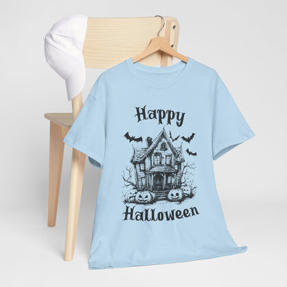 Vintage Haunted House Halloween T-Shirt - Gothic Pumpkins & Bats Tee