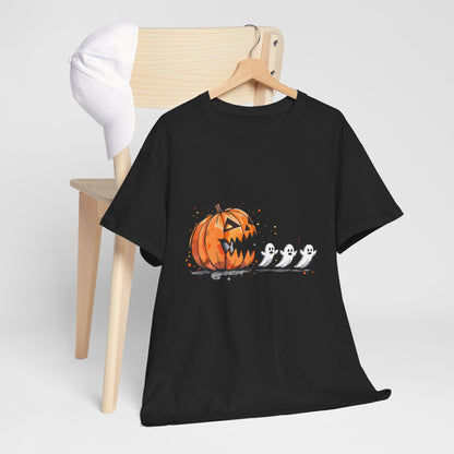 Pumpkin vs Ghosts Halloween T-Shirt - Jack-O-Lantern Chasing Ghosts