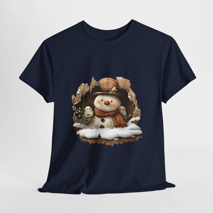 Woodland Snowman with Birds Christmas T-Shirt - Rustic Tree Hollow Snowman