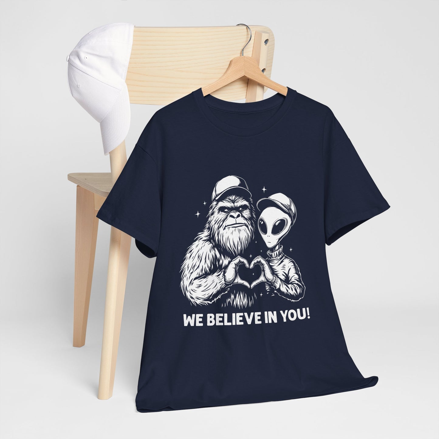 We Believe In You T-Shirt - Bigfoot & Alien Heart Hands Tee