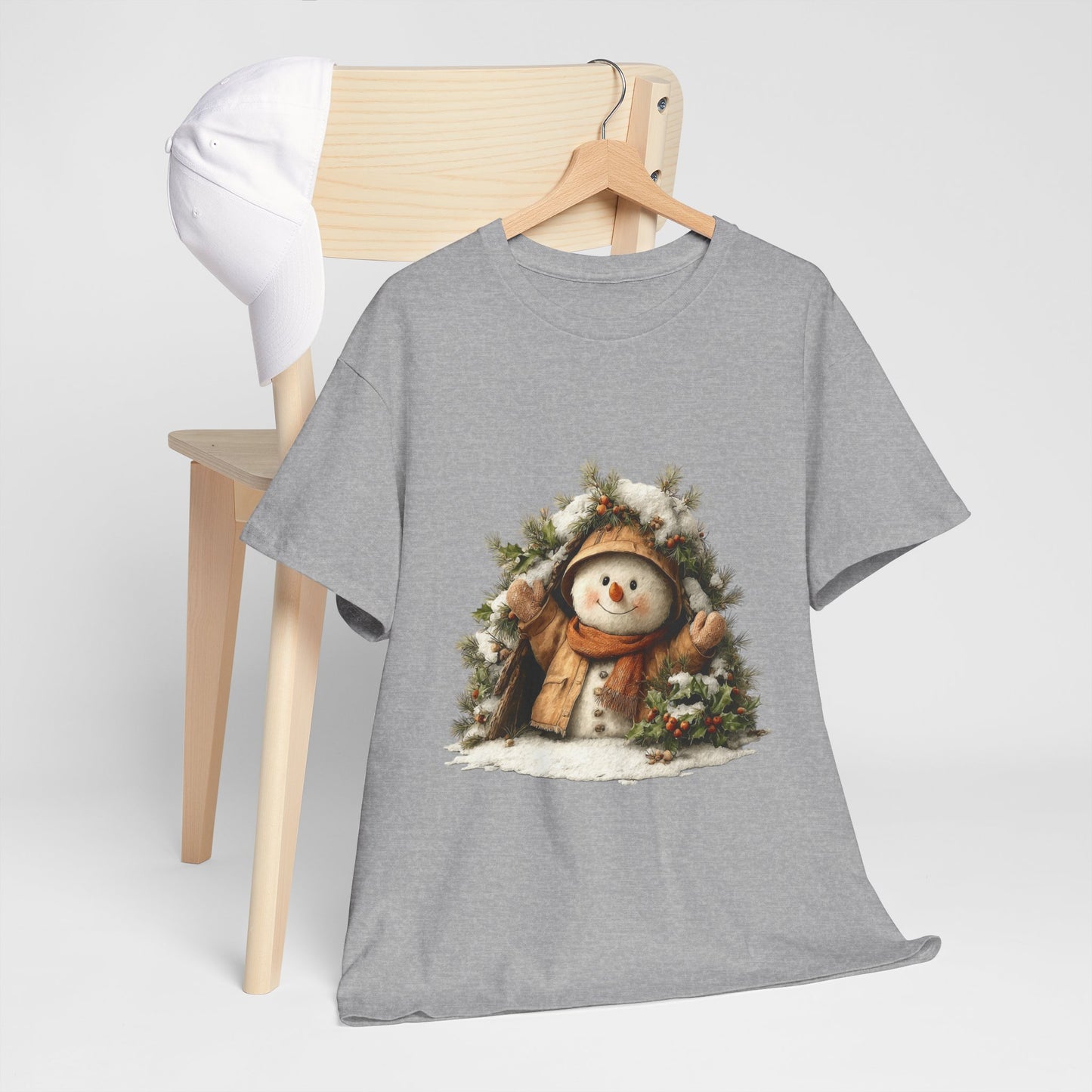 Forest Wreath Snowman Christmas T-Shirt - Cozy Rustic Snowman in Coat & Scarf